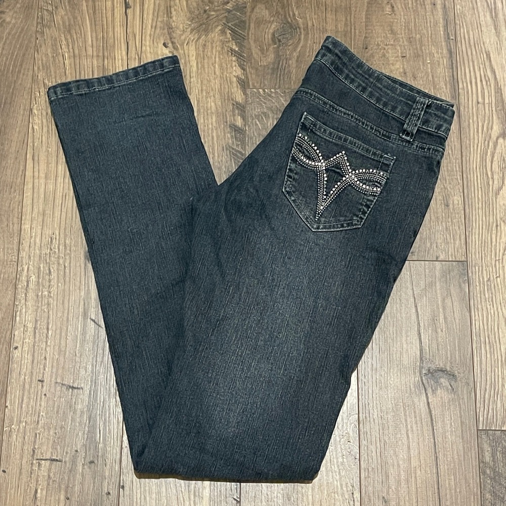 OTB Women Dark Wash Straight Leg Jeans Rhinestone Back Pockets Size 7/8